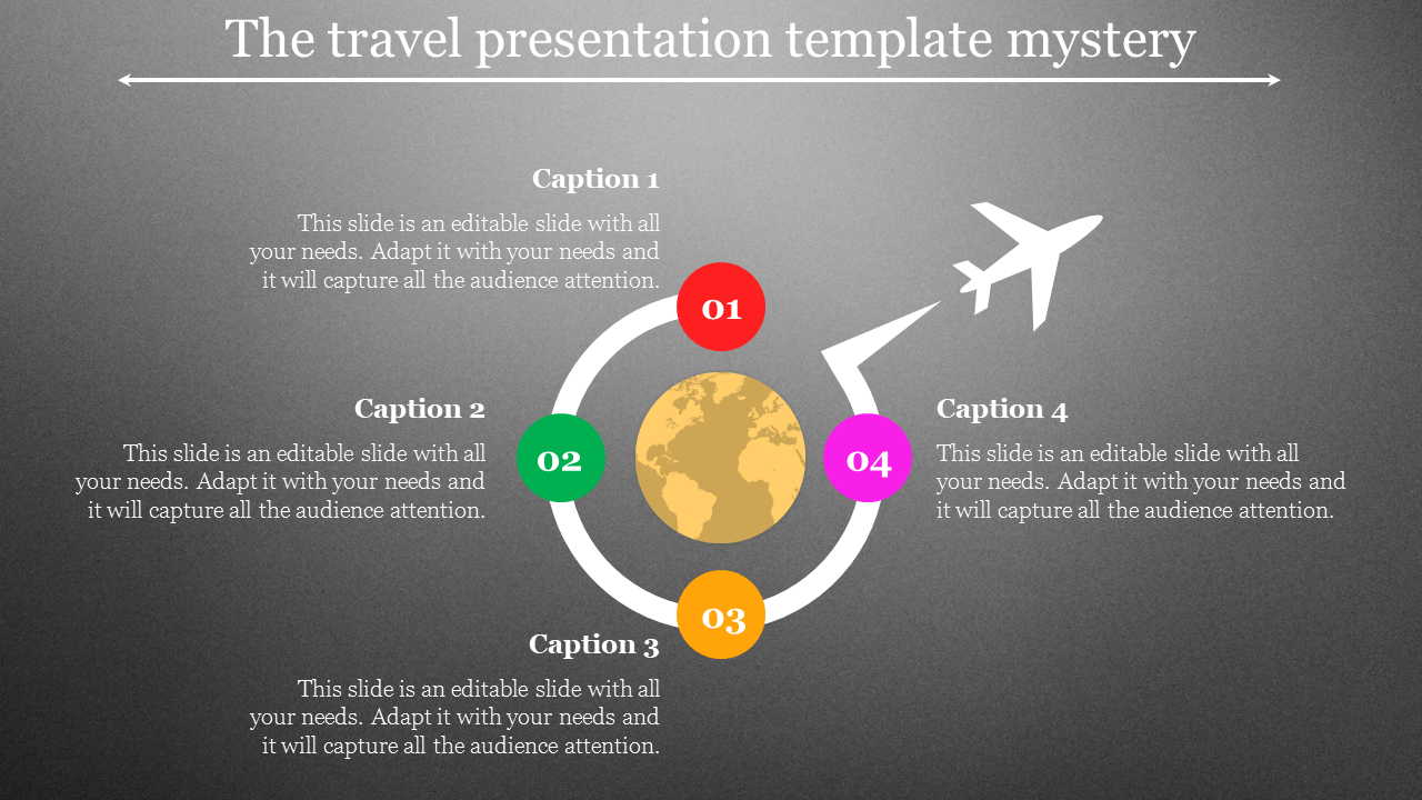 Travel themed slide featuring a circular layout with a globe, four colored steps, and an airplane icon.