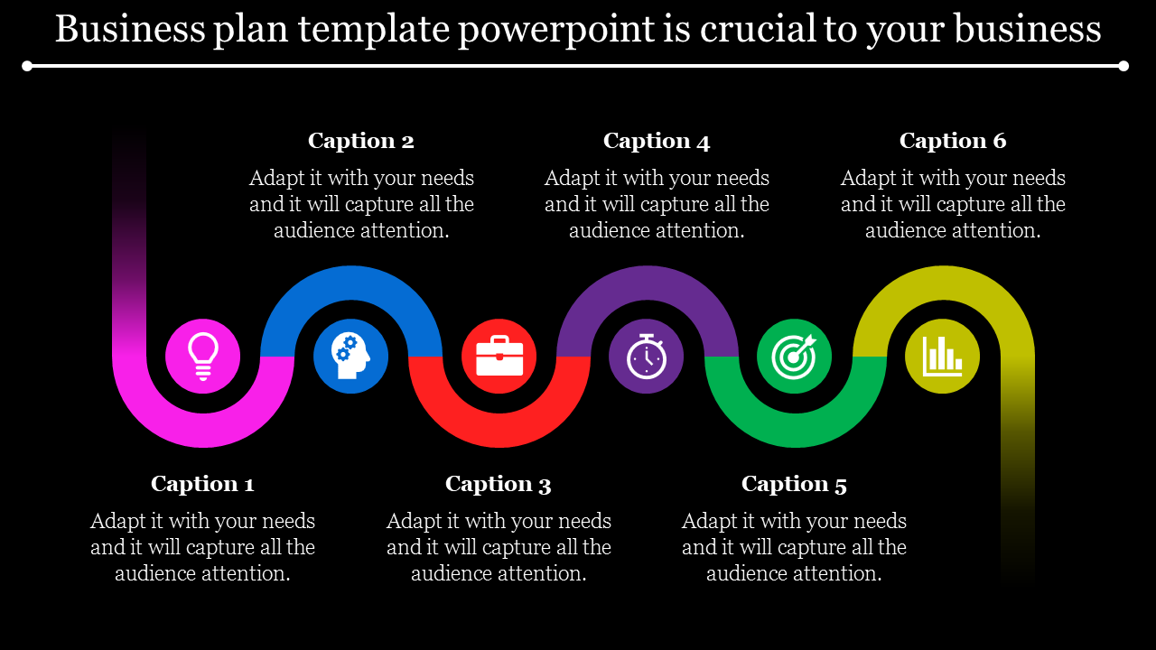 Multicolored curved line with six segments, featuring icons and captions, set against a dark background.