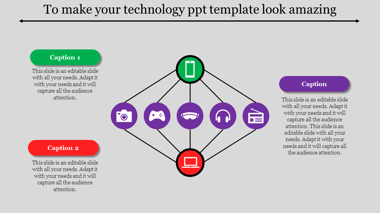 Technology template with a central phone icon linked to purple tech icons like camera, headset, and laptop, with captions.