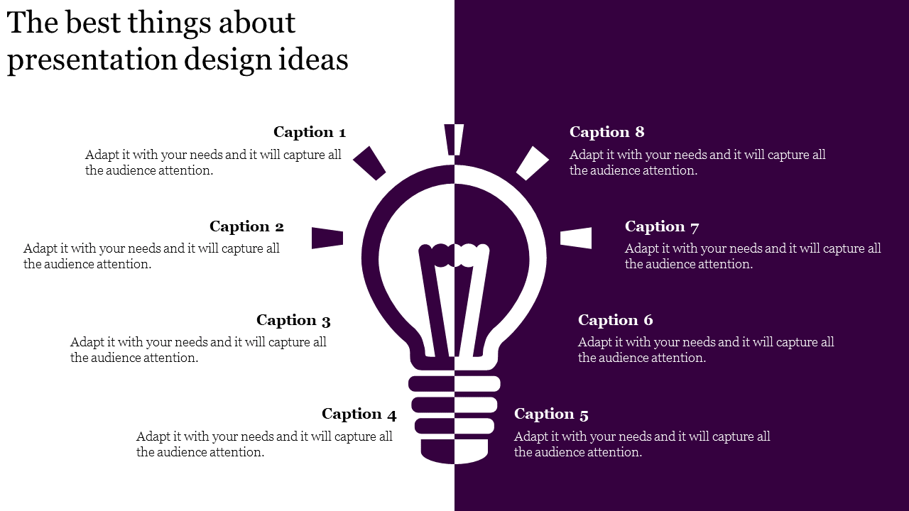 Presentation design ideas slide with a central light bulb icon surrounded by numbered captions on a split background.