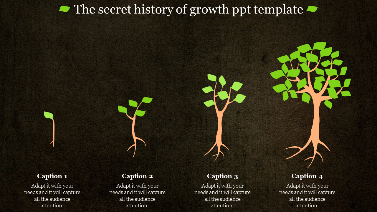 Four stages of plant growth, from small sprout to fully grown tree, aligned horizontally with caption areas below.