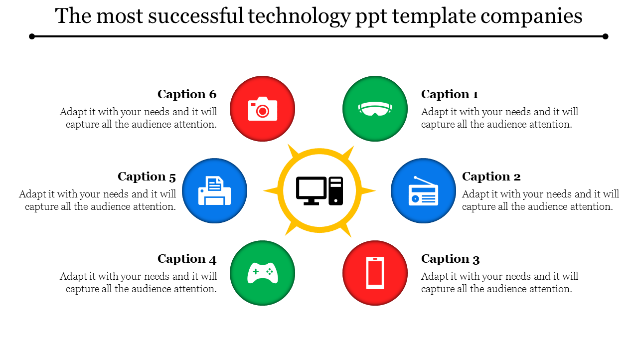 Technology infographic with a computer icon surrounded by six colored circles showing icons like camera, VR, and printer.