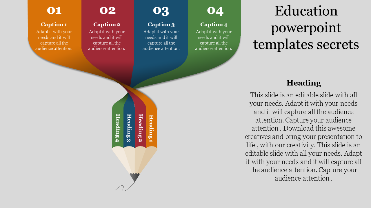 Education PowerPoint template with a pencil graphic leading to four colored sections labeled with captions.