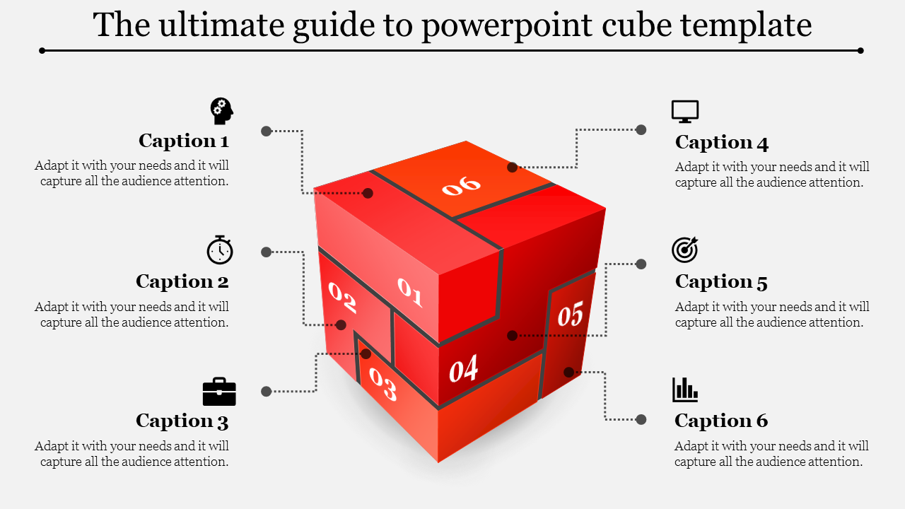 3D red cube infographic divided into six sections numbered 01 to 06, with captions and icons linked around it.