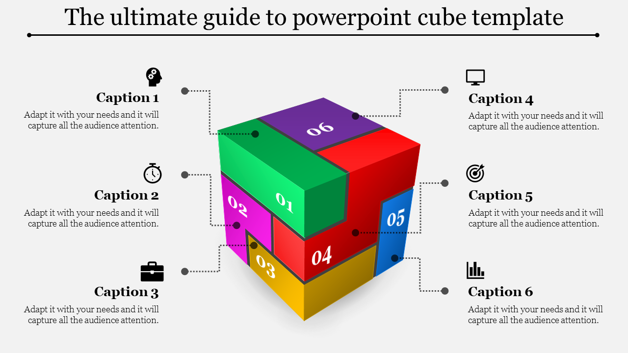 3D cube diagram in a slide, showcasing a colorful template design with labeled sections and captions areas.