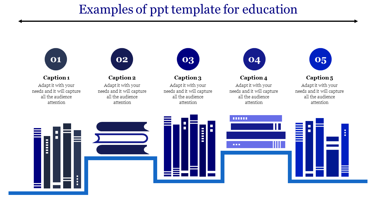 PowerPoint template showcasing five steps with captions, each featuring stacked books representing education.