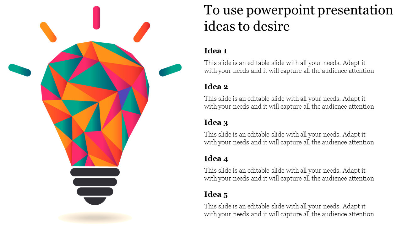 Colorful geometric light bulb graphic on the left with five numbered ideas listed on the right side.