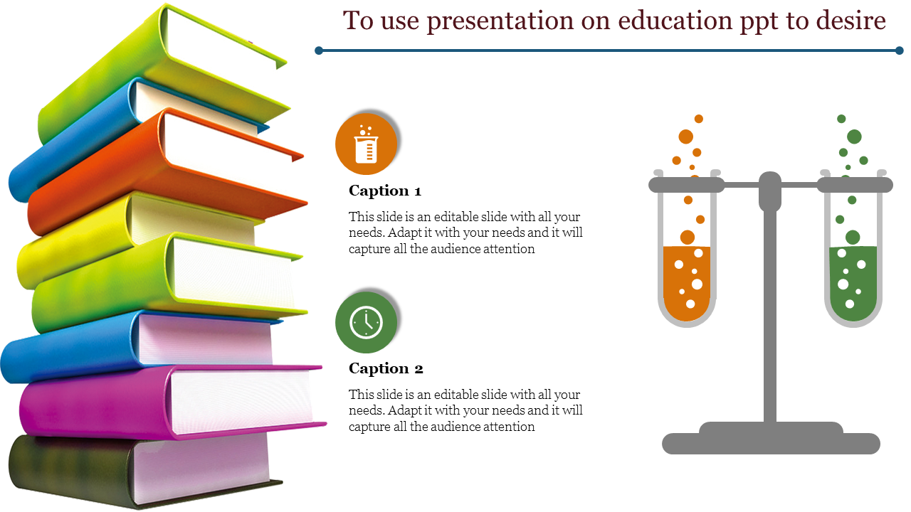 Colorful stack of books and a scale with orange and green test tubes, and matching captions at the center.