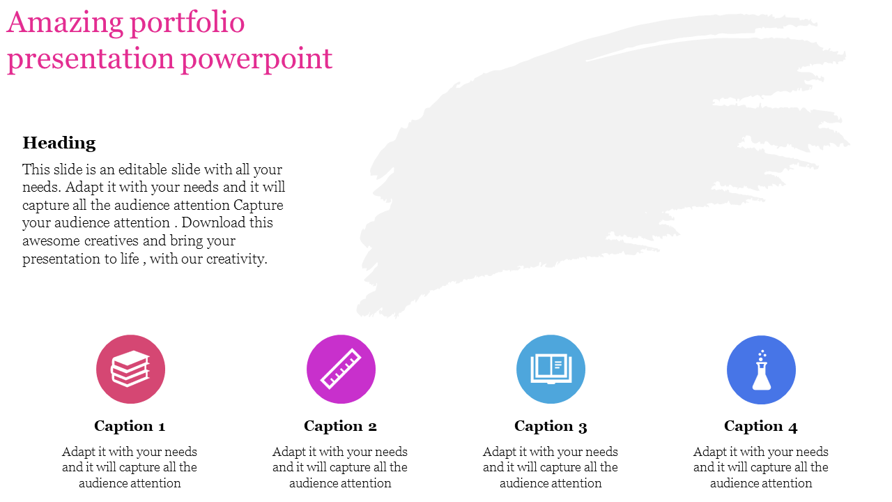 Portfolio slide with four circular icons, representing books, a ruler, a document, and a flask with caption areas.