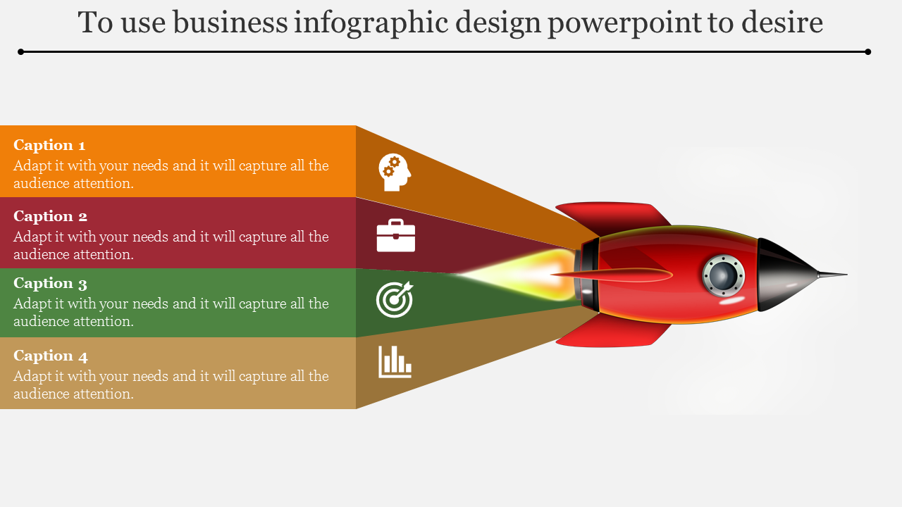 Business infographic with a red rocket and four caption sections in orange, red, green, and gold, each featuring an icon.