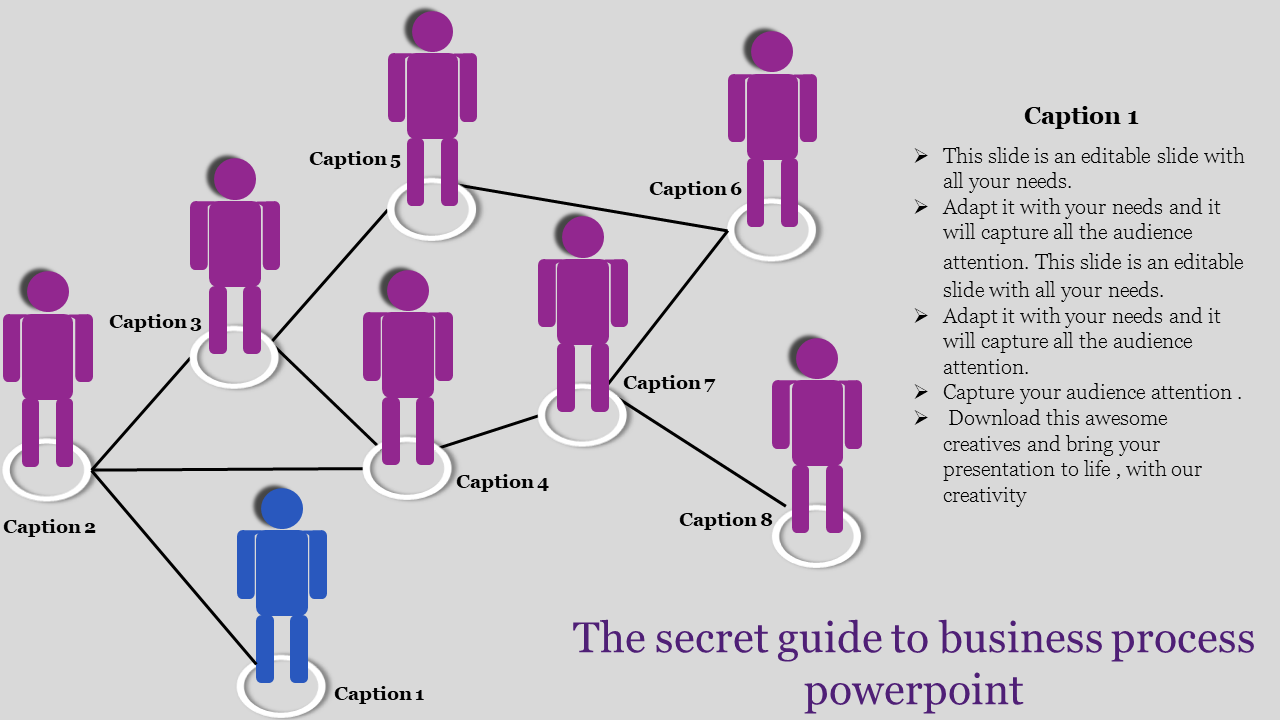 Network layout of purple and blue figures connected by lines, with captions, on a gray background.