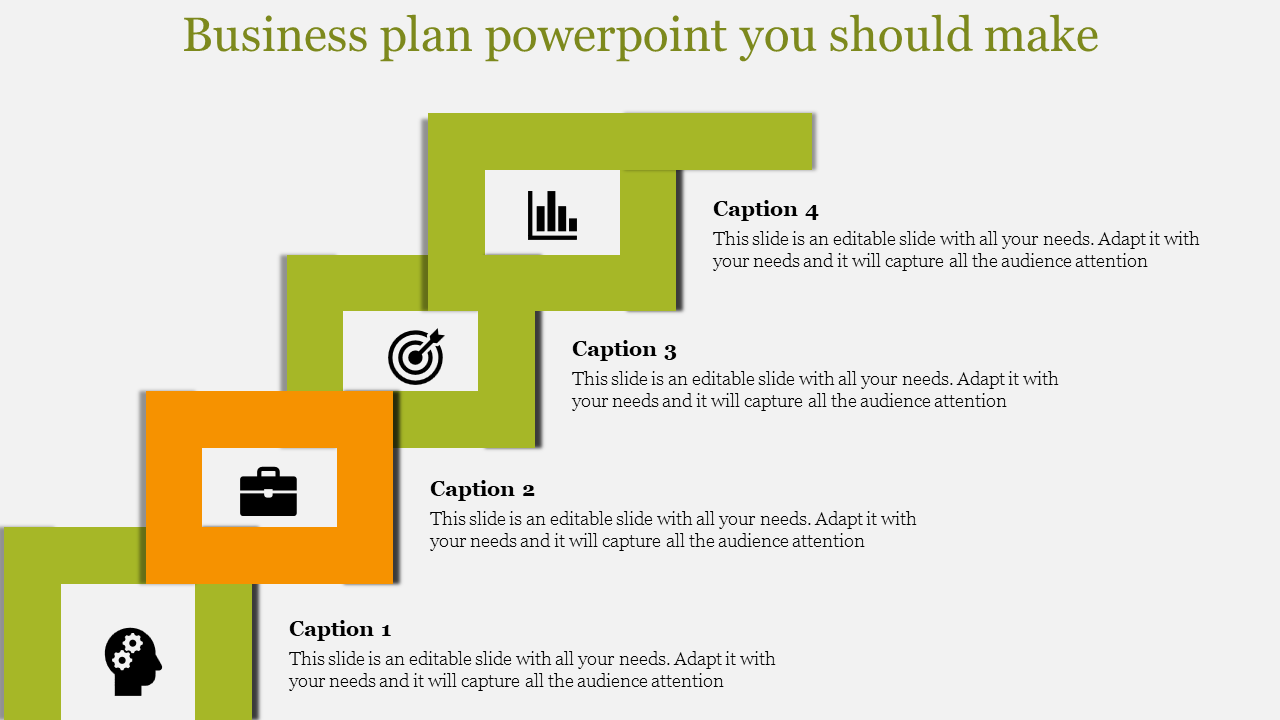 Business Plan PowerPoint template featuring four captions with corresponding icons a mind, target, briefcase, and chart.