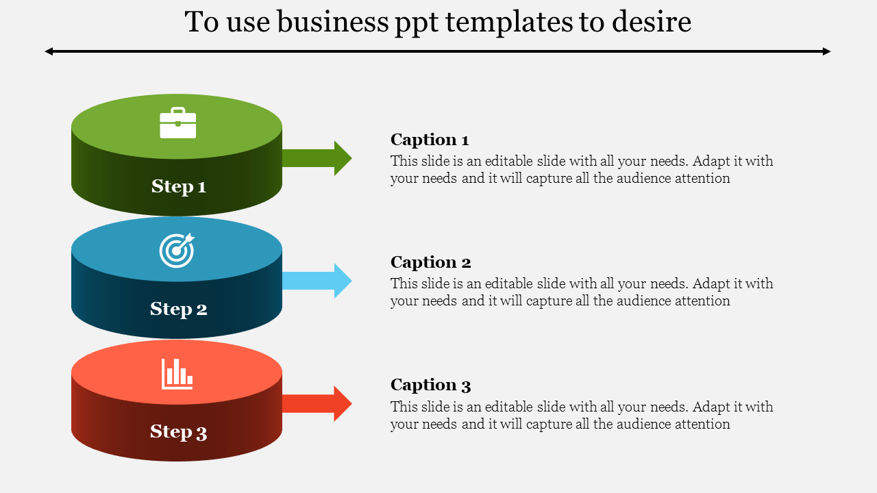 Business process slide showing three steps with green, blue, and red 3D arrows and icons for briefcase, target, and graph.