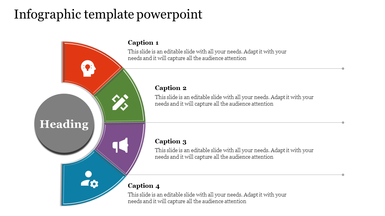 Circular infographic slide with four colorful sections and icons for headings and captions with placeholder text.