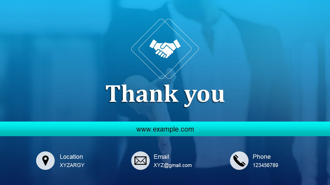 Thank you slide featuring contact information, a handshake graphic, and a sleek blue background.