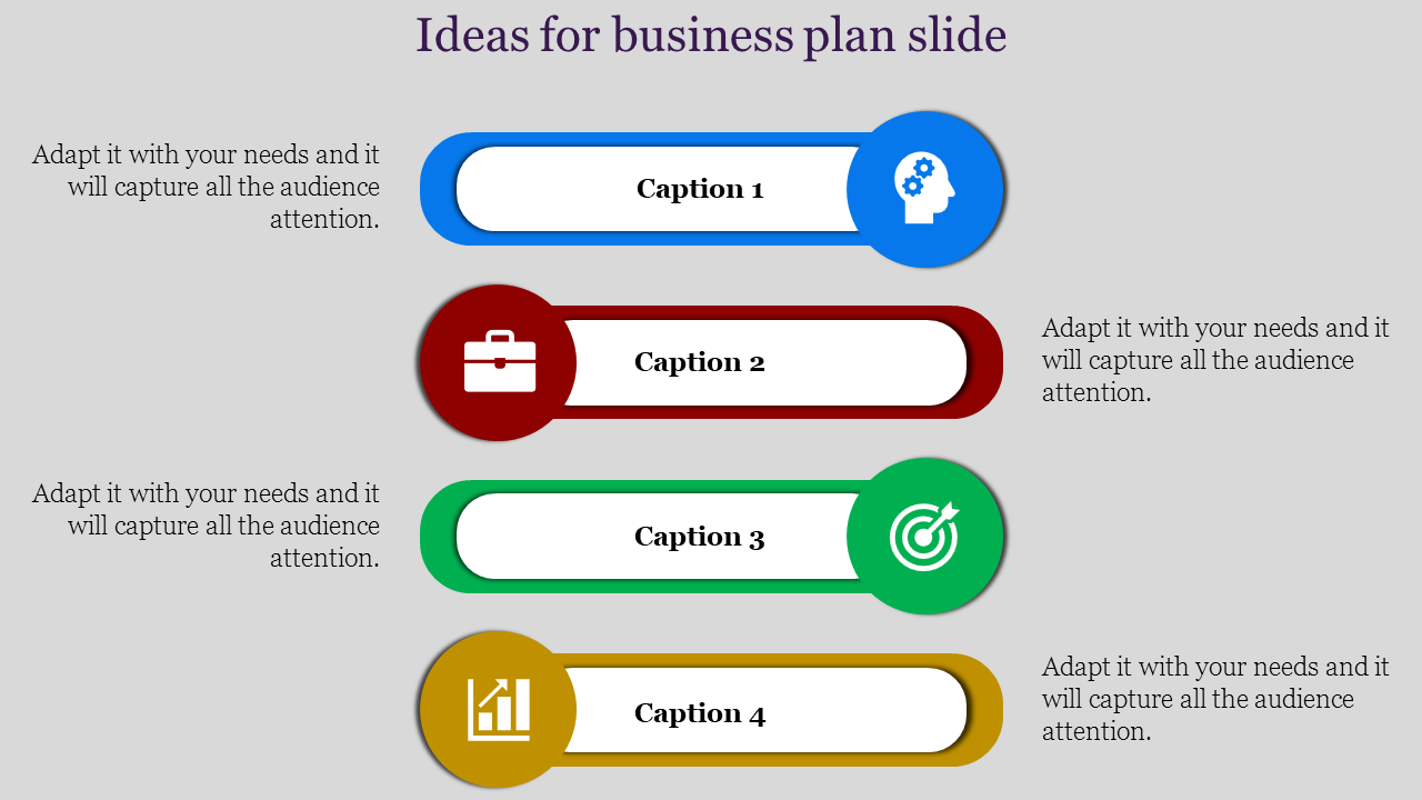 Business plan slide with four colorful blocks labeled Caption 1 to 4, each featuring icons.