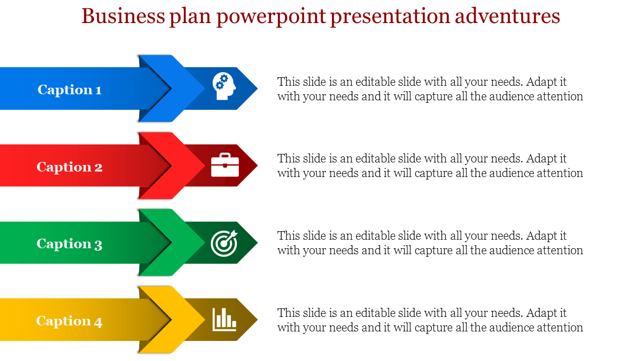 Business plan slide with arrows in blue, red, green, and yellow pointing right, paired with icons and captions.