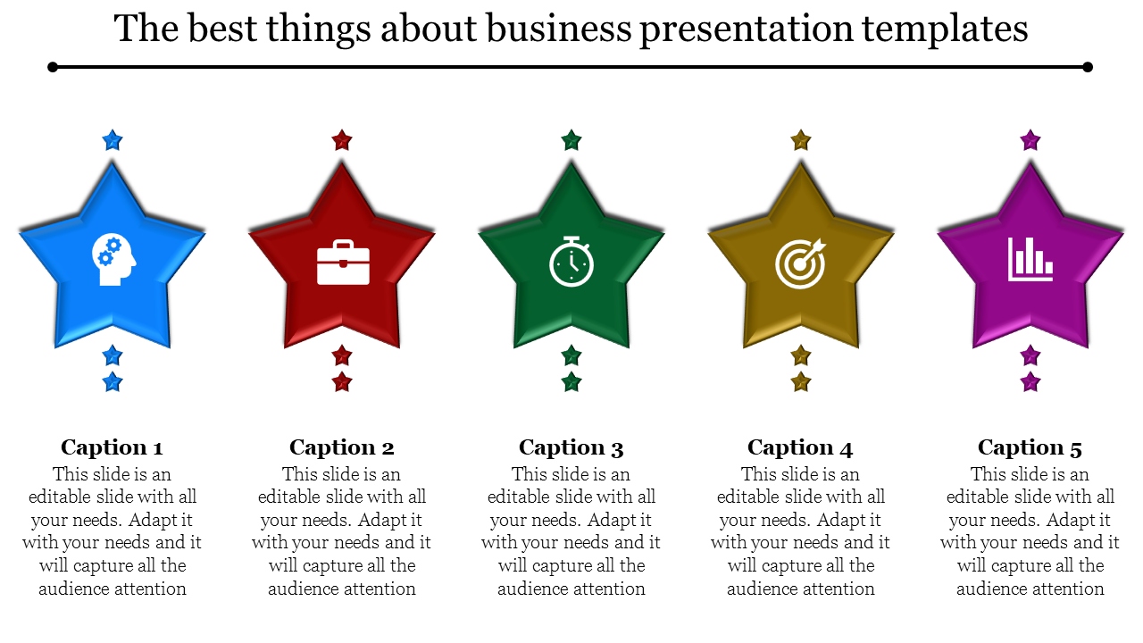 Business slide featuring five stars with icons and captions, arranged  in blue, red, green, gold, and purple colors.