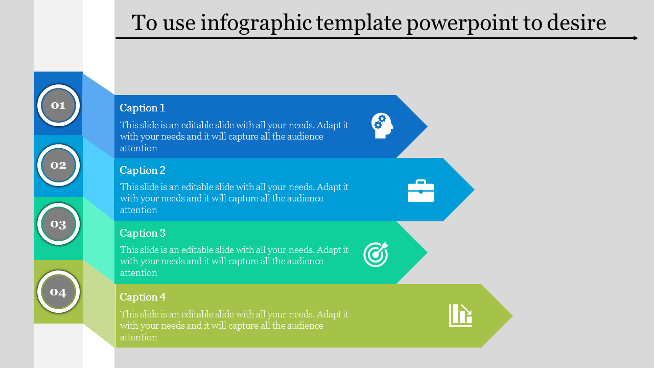 Infographics with four horizontal arrows in different colors, numbered, each with a white icon representing business concepts.