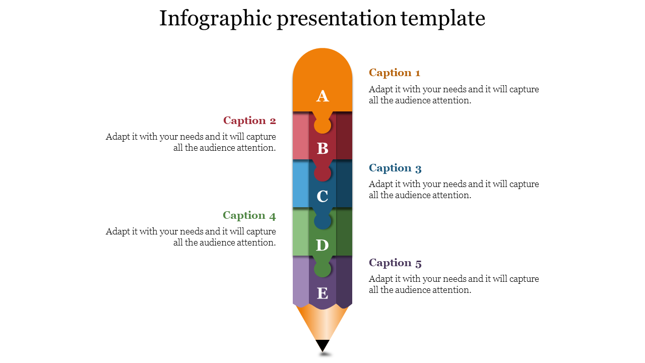 Pencil shaped infographic with five colorful puzzle pieces labeled A to E, each linked to captions on both sides.