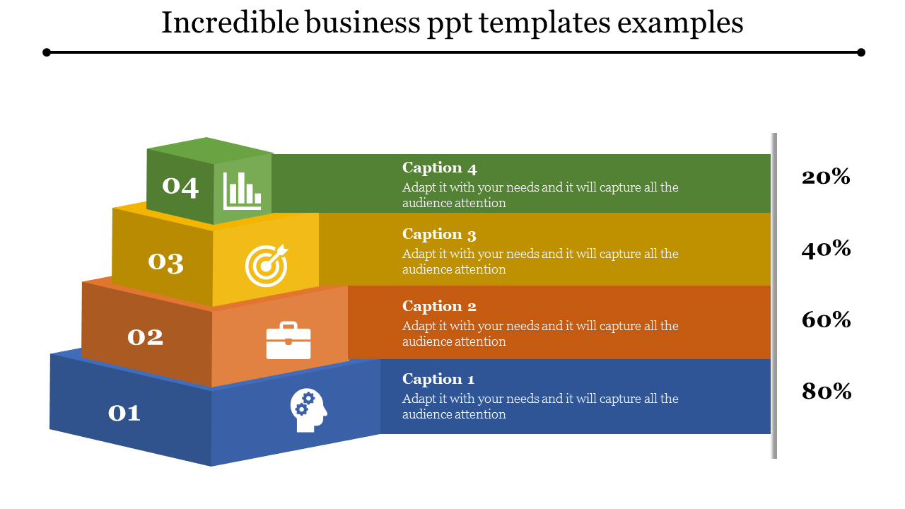 Stacked infographic with four layers, labeled 01 to 04, each with icons, captions, and percentages on a clean layout.