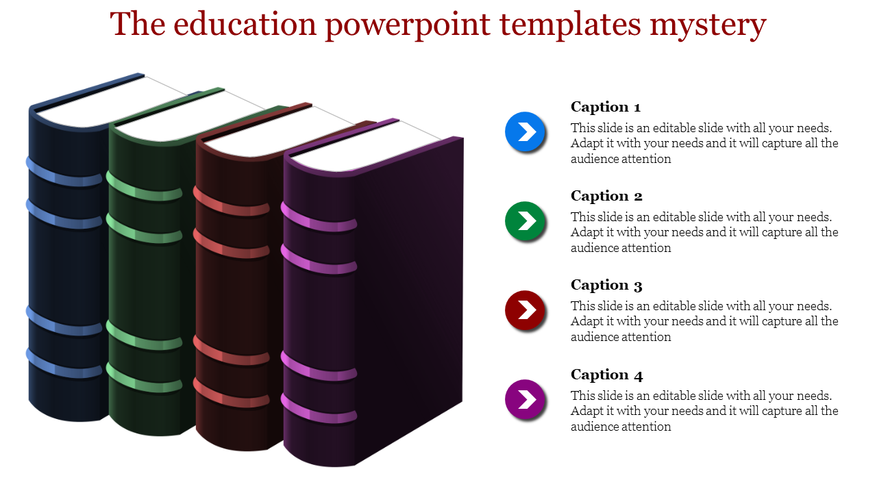 Four large, upright books in blue, green, red, and purple, aligned with colorful circular captions on the right.