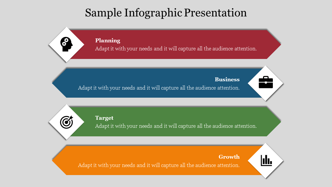 Sample infographic with four stacked arrows from planning to growth each with icons in white diamonds.