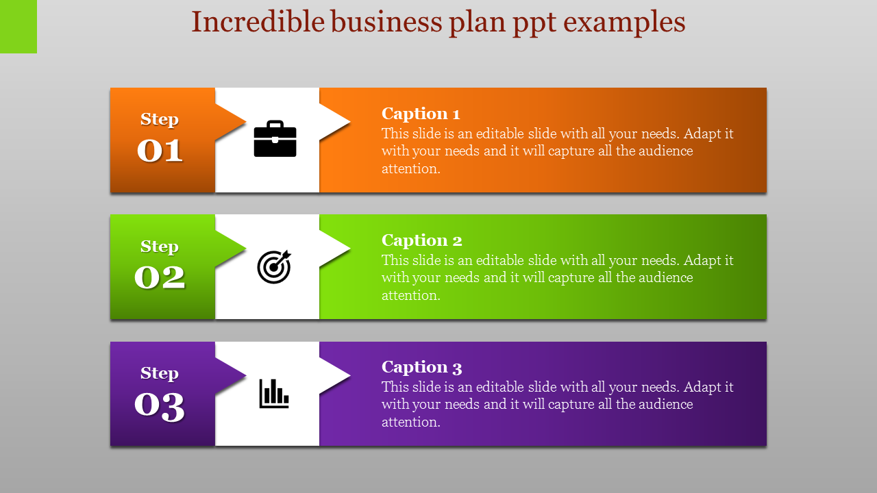 Three step business plan template featuring horizontal arrows labeled with three stepan and icons.