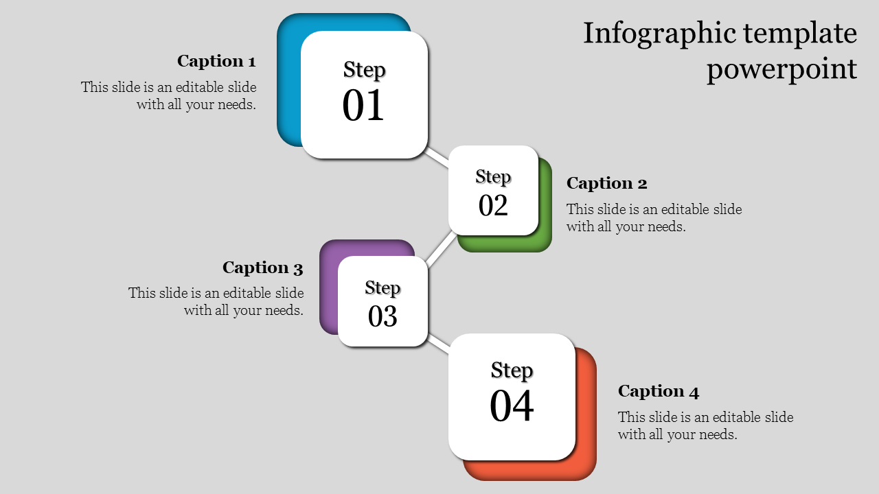 Infographic template featuring four steps with colorful blocks and matching captions for each step.