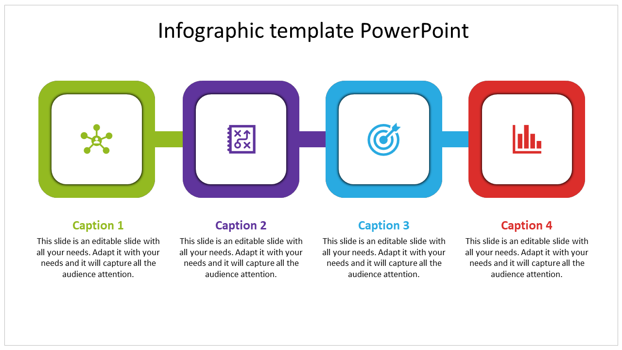 Colorful infographic PowerPoint template with four steps, each highlighted in a different color and matching icons.