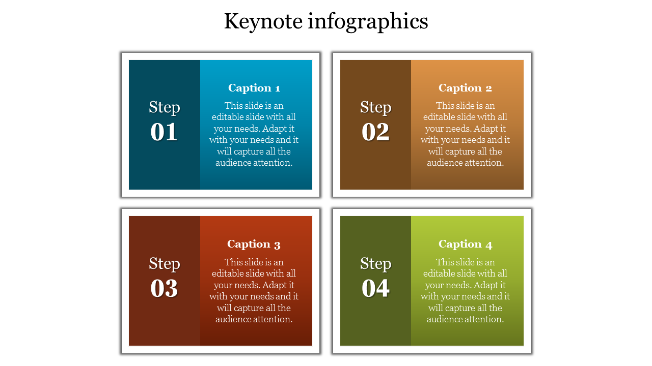 Keynote infographic slide with four steps in colored boxes of blue, brown, red, and green, labeled 01 to 04.