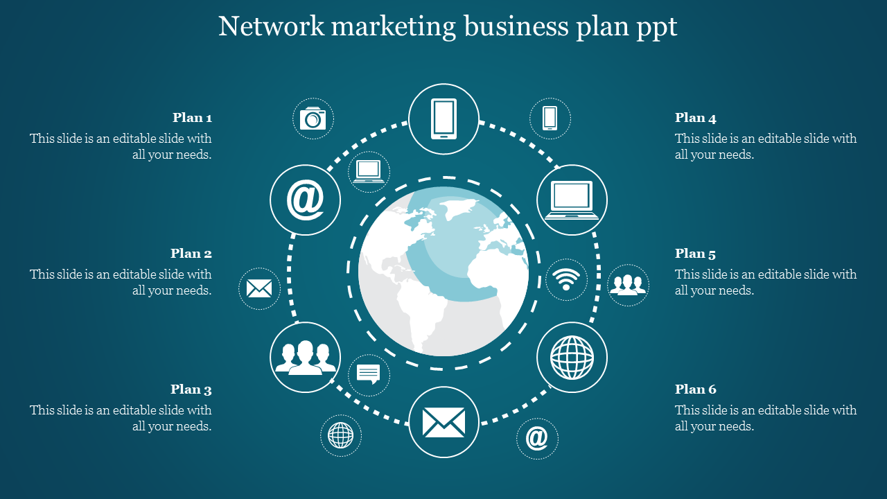 Network marketing slide with a globe in the center, showcasing icons for various digital communication channels.