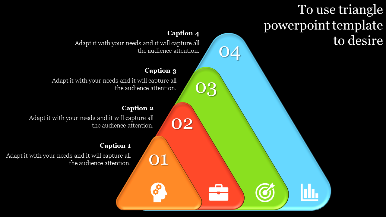 Slide featuring a triangle with sections for captions, emphasizing adaptability for audience engagement with icons.