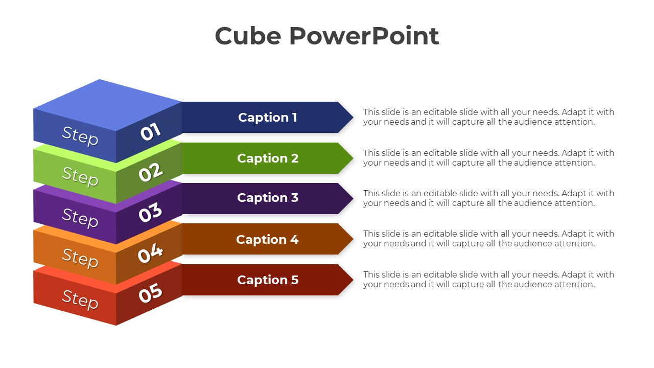 3D cube steps in blue, green, purple, orange, and red with captions and placeholder text on the right for descriptions.