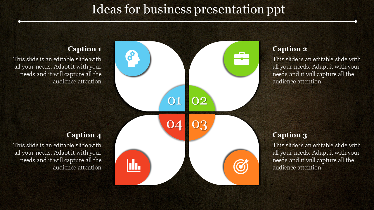 Business infographic with four connected sections displaying numbered icons: brain, briefcase, chart, and target.