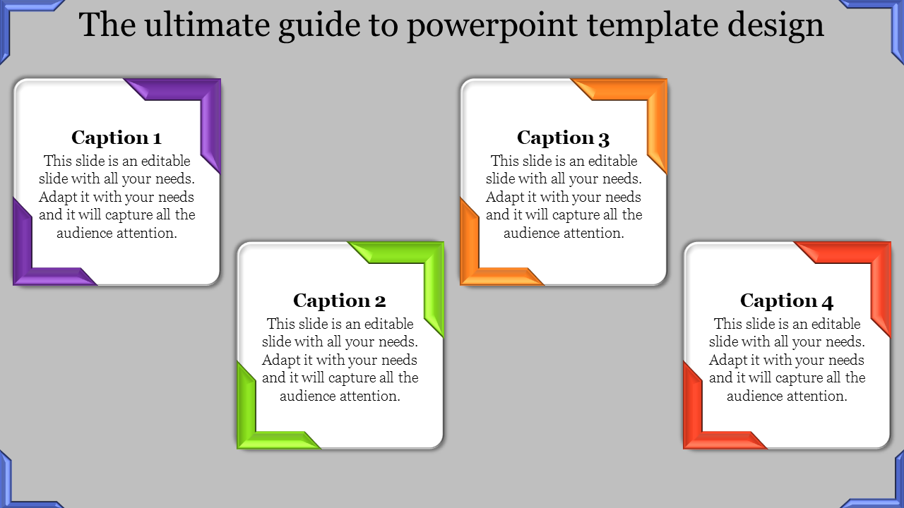 Design template with four caption placeholders, each highlighted with purple, green, orange, or red corner designs.