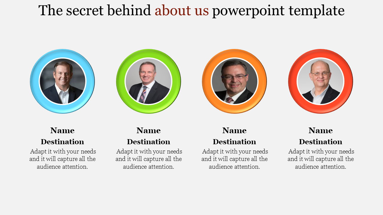 About us slide with four team member photos in circular frames of blue, green, orange, and red, with names and titles below.