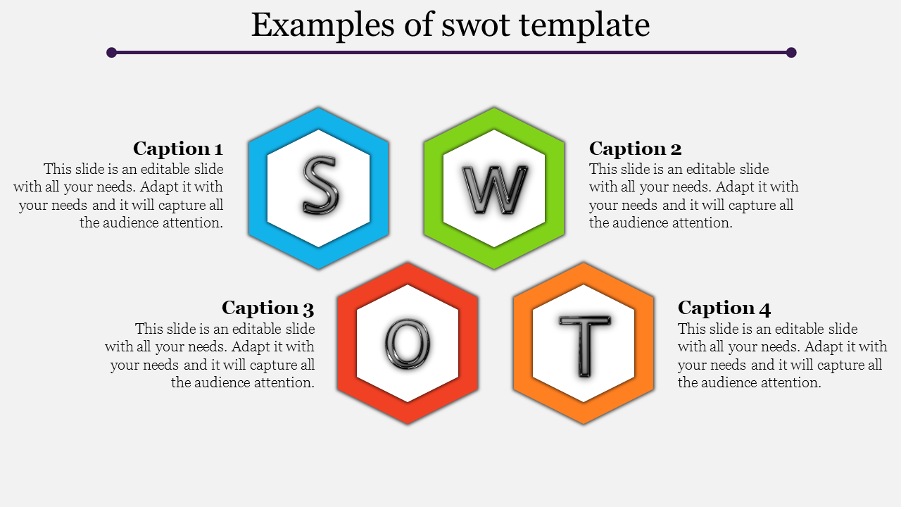 Template with four colorful hexagons in blue, green, red, and orange, labeled S, W, O, and T, with captions around them.