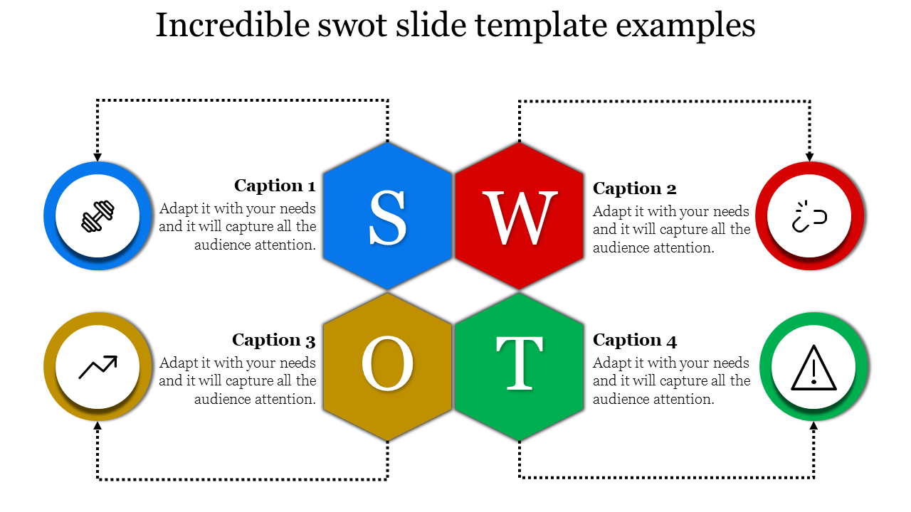 A colorful SWOT analysis slide featuring hexagonal sections with color coded icons and placeholder text.