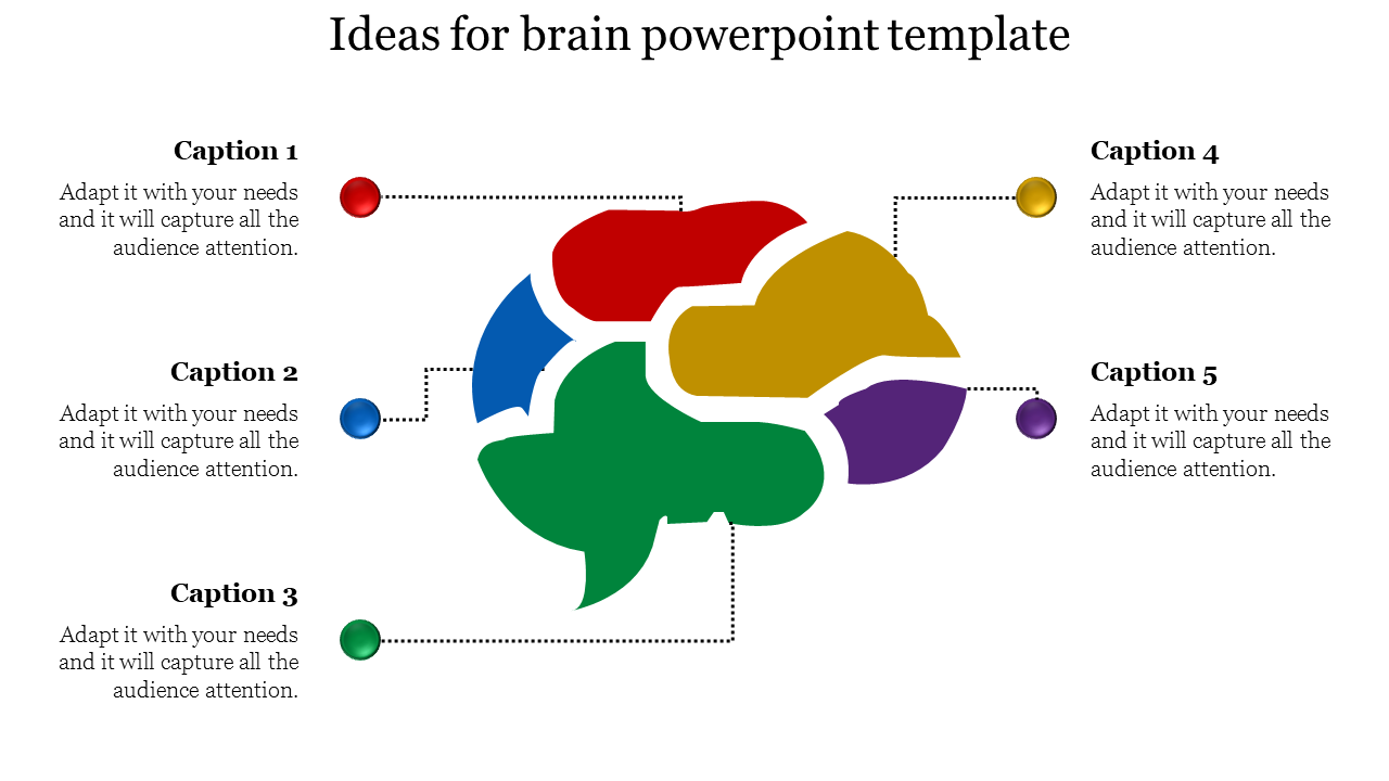 Illustration of a segmented brain in red, blue, green, yellow, and purple with dotted connectors to captions.