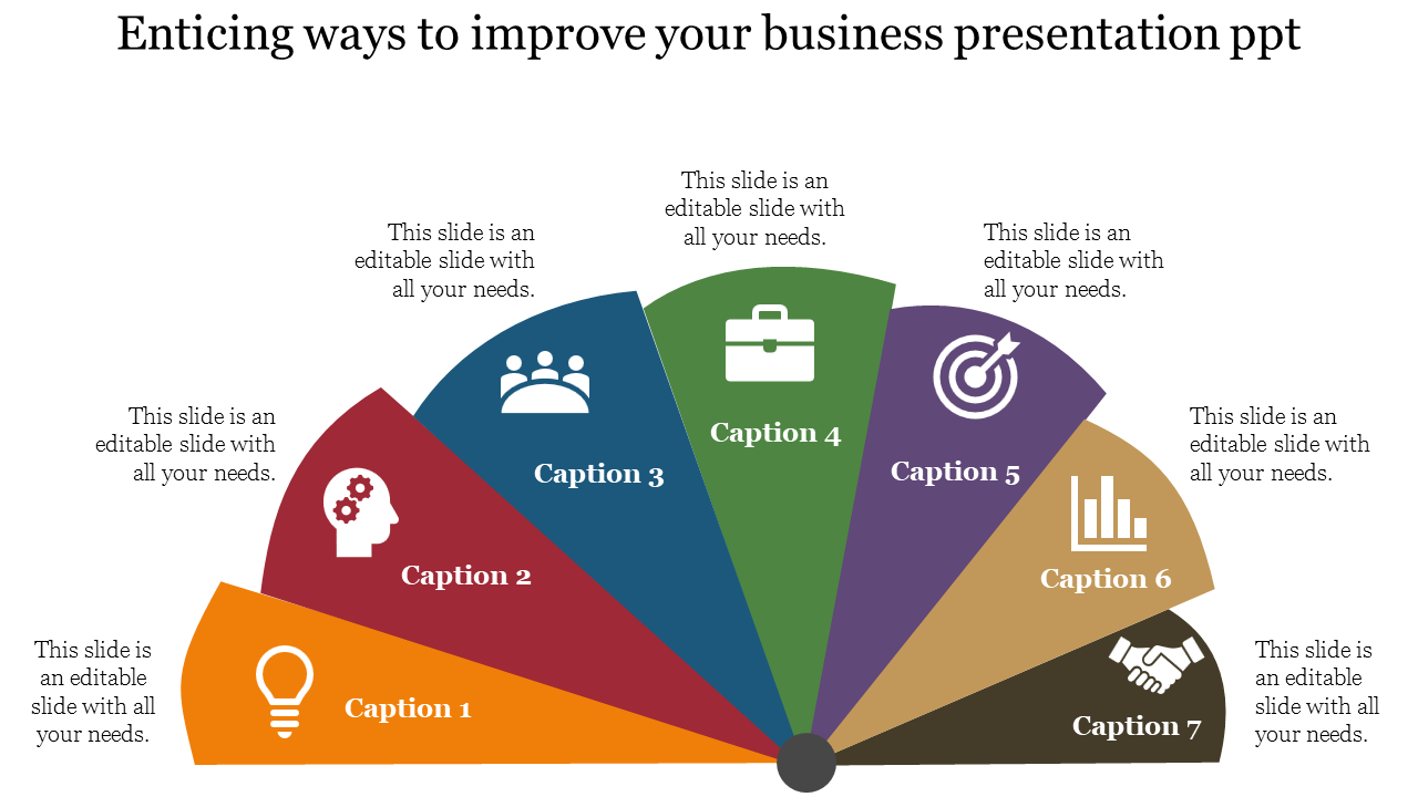 A colorful infographic slide showing tips to improve business presentations with sections and icons with placeholder text.