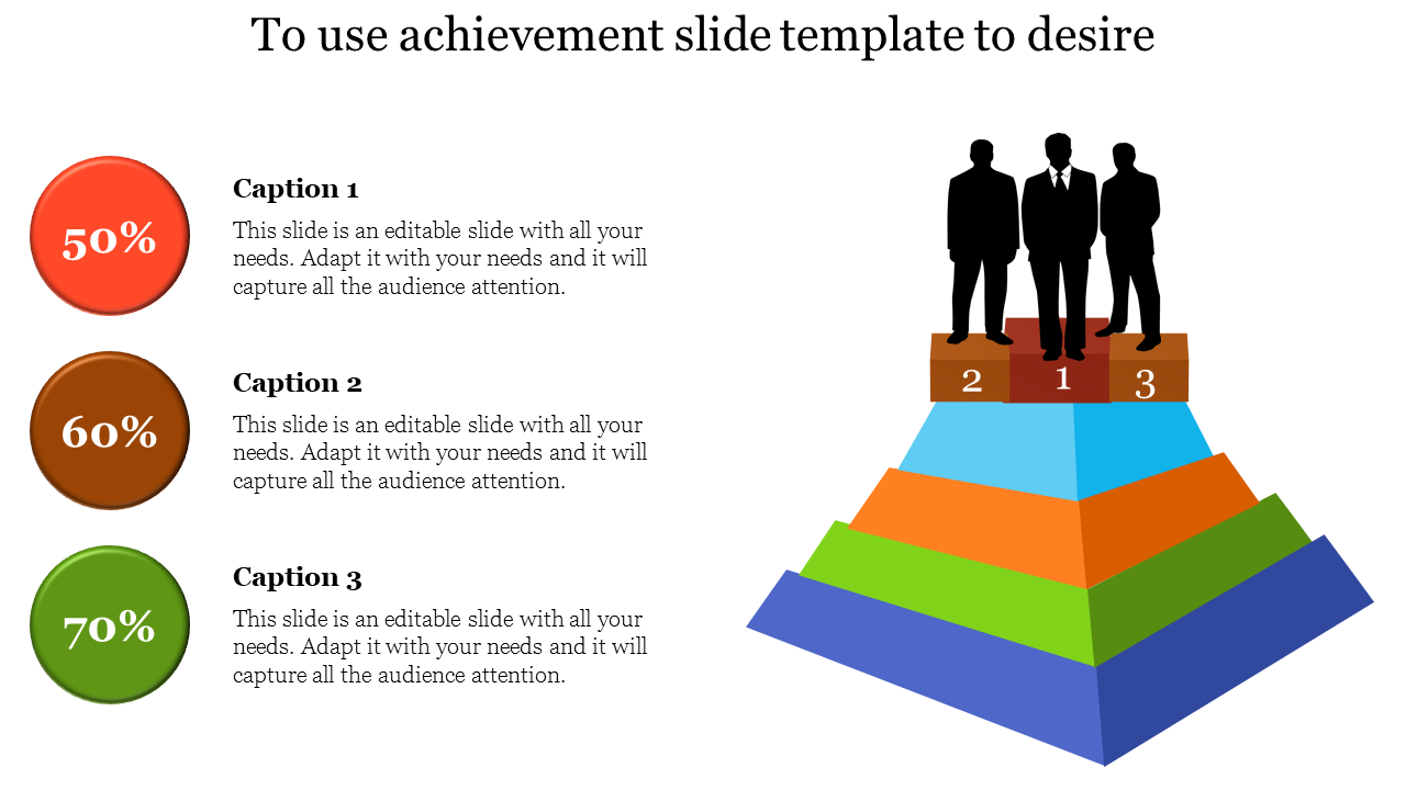 Achievement slide with a pyramid in colorful layers, three silhouettes on top, and percentage captions on the left.