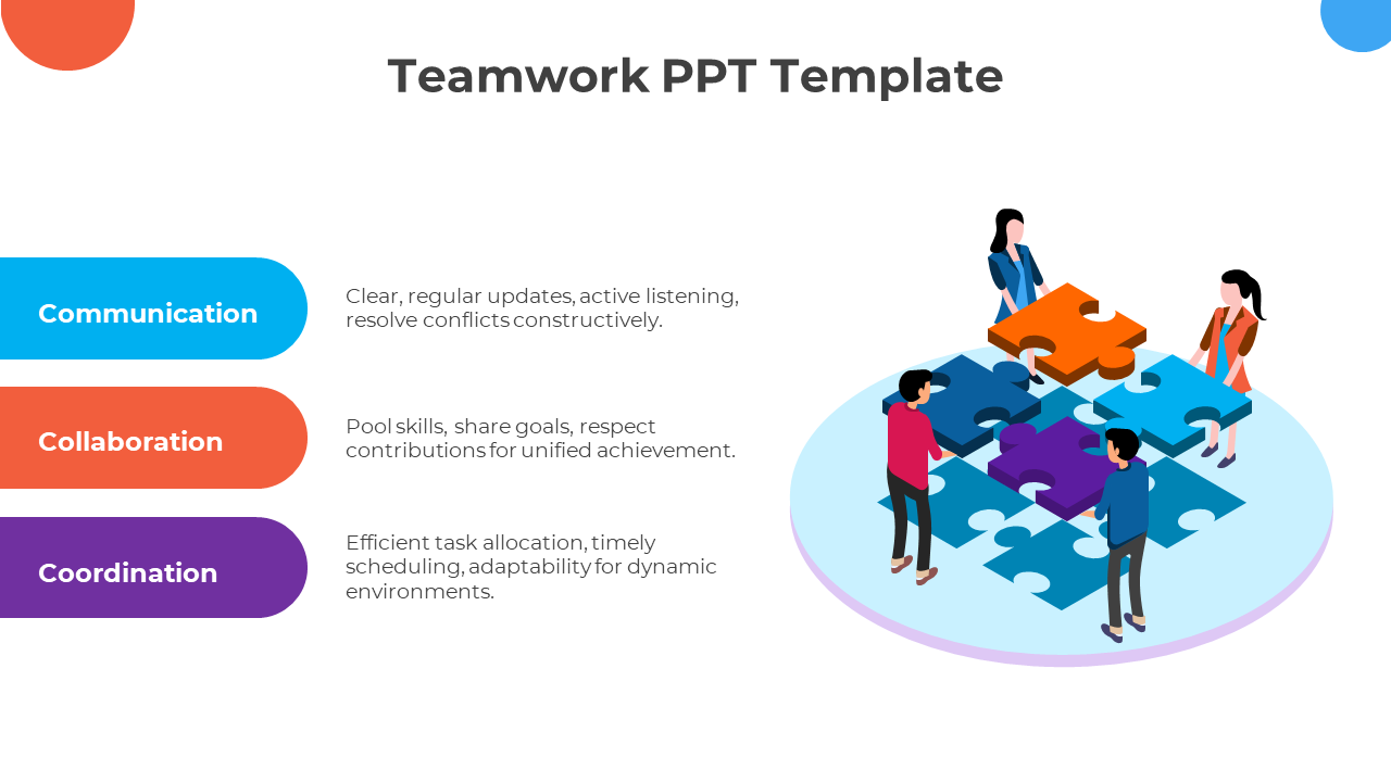 Illustration of a team assembling colorful puzzle pieces on a circular platform, with three captions outlined on the left.