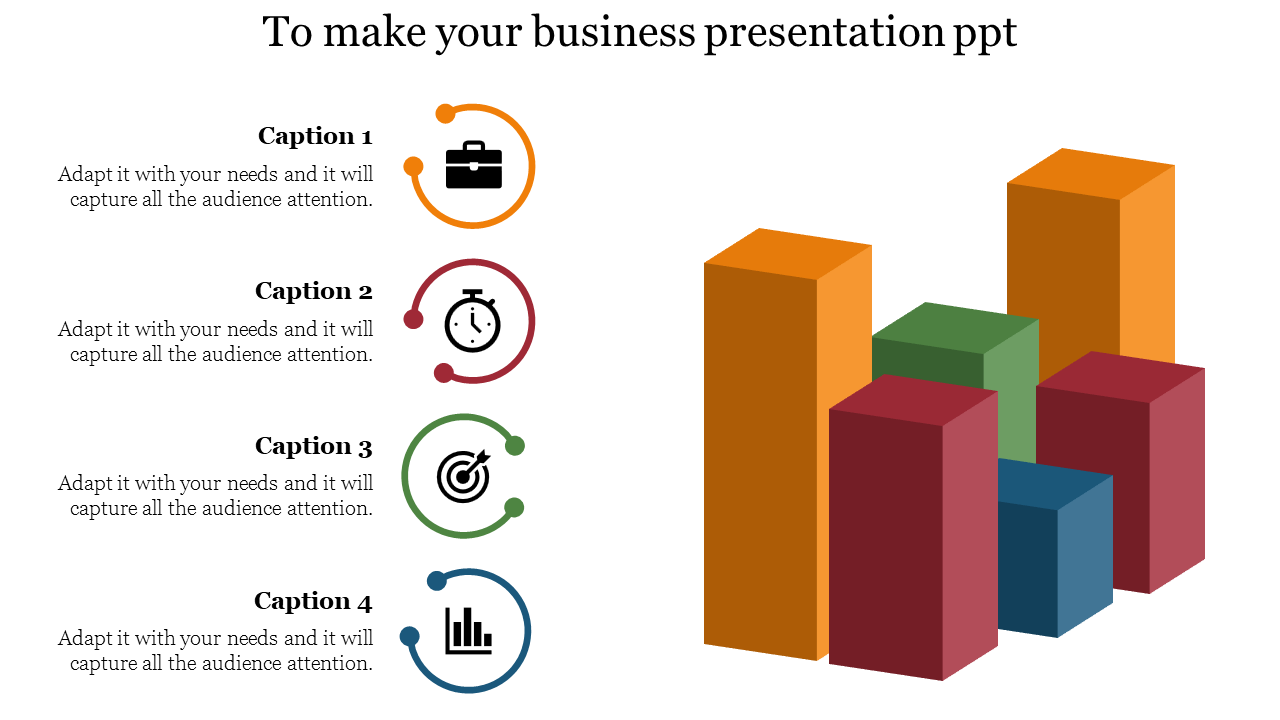 Business slide with four colorful icons and captions on the left, alongside 3D bars in orange, green, red, and blue.