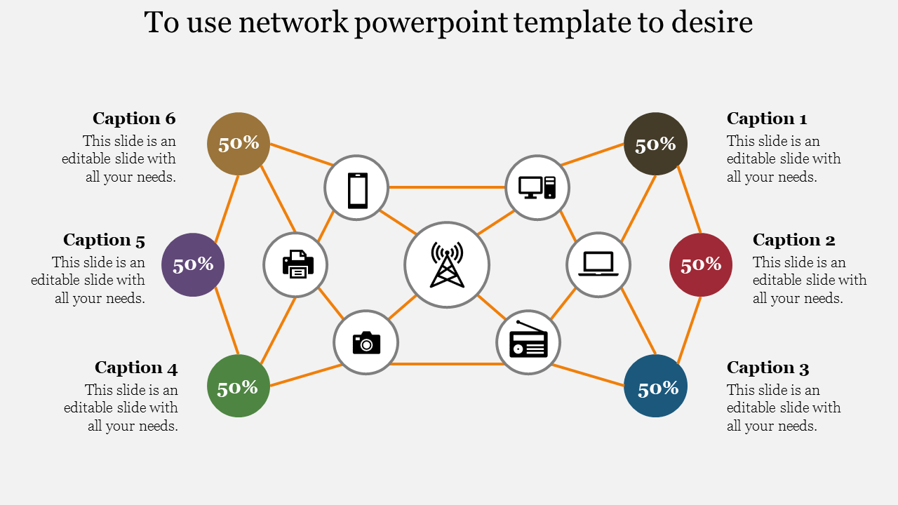 Central network icon connected to multiple devices, with colored circular nodes showing percentages on outer sides.