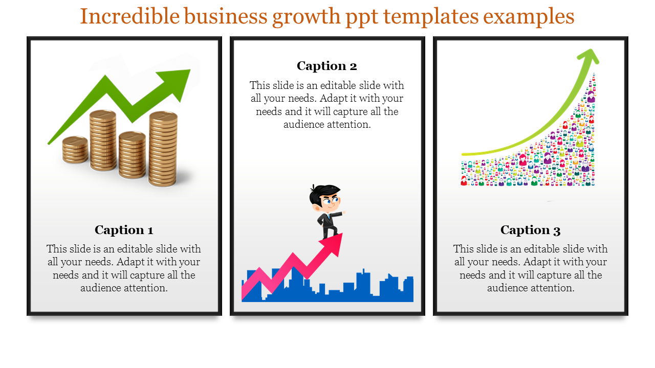 Business growth slide features three sections with icons representing growth, a businessman, and a colorful upward trend.