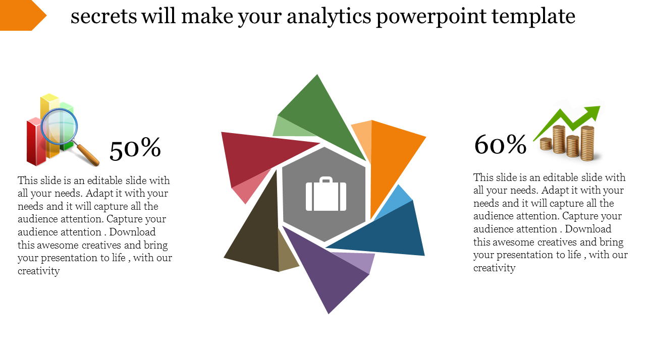 Central hexagonal shape with multicolor triangles around and two text areas with bar chart and coin stack with percentages.