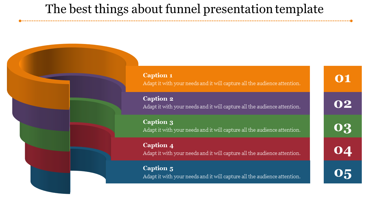 A colorful funnel PowerPoint template with five stages, each accompanied by a caption.