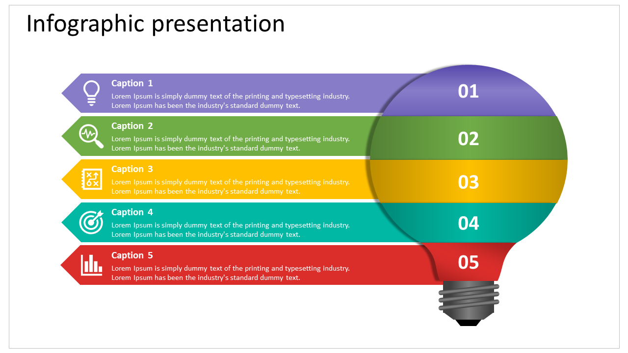 Light bulb infographic divided into five horizontal color-coded segments with numbered captions, aligned to the left.