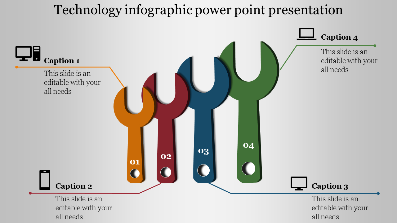 Technology themed infographic showing four wrenches labeled 01 to 04 with corresponding captions and device icons.